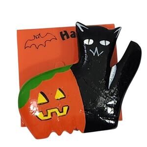 VTG 90S BLACK CAT PUMPKIN HALLOWEEN BROOCH PIN ART TO WEAR ODD FUNKY PAINTED